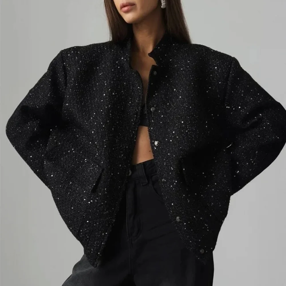 Tweed Sequin Jacket Women Fashion Coat Trend Casual Warm Chic Elegant FemaleCoat - Picture 1 of 3